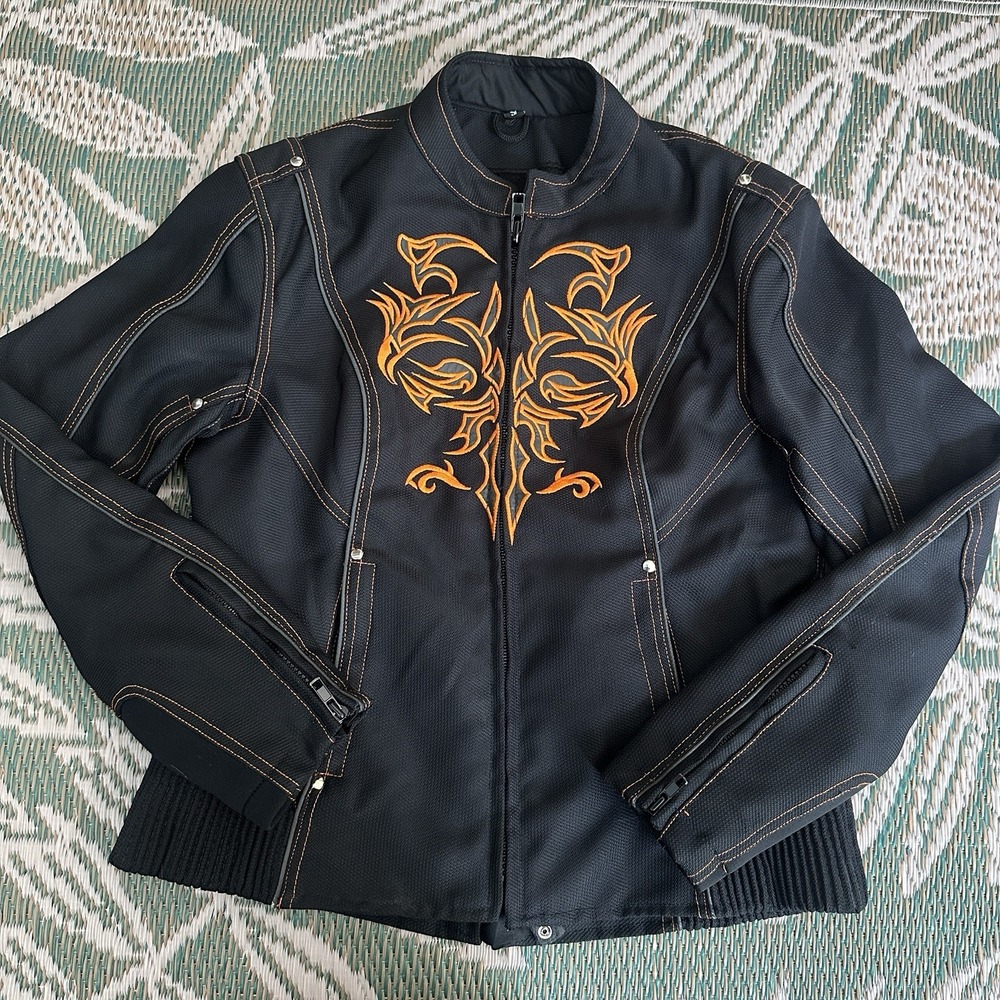 NEXGEN SH1939 Womens Small Motorcycle Jacket Black Orange Tribal Reflective Vent